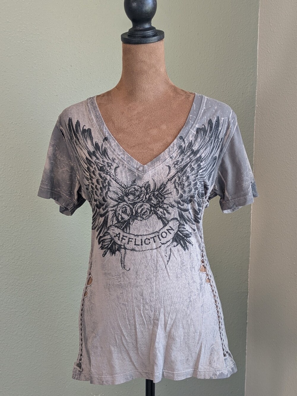 Affliction Women's Washed Gray V-Neck Tee with Winged Rose Graphic